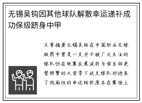 无锡吴钩因其他球队解散幸运递补成功保级跻身中甲